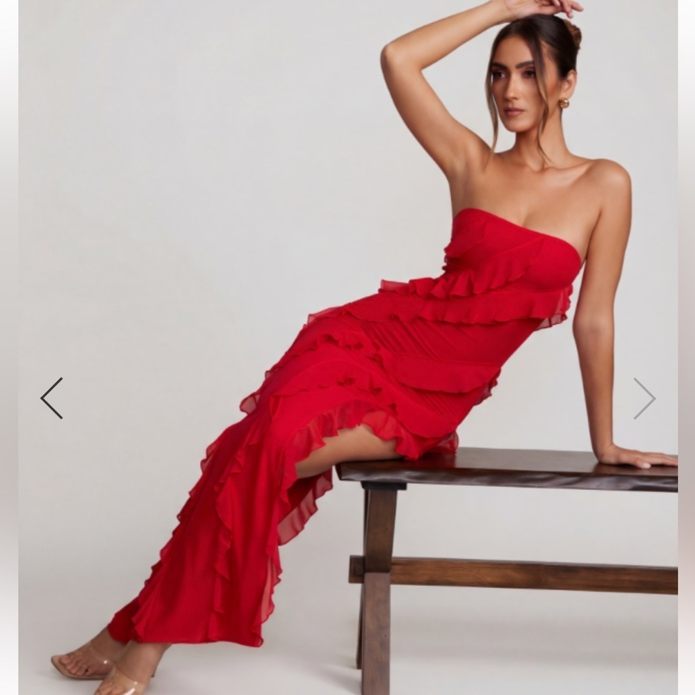 OhPolly Nevali Bandeau Ruffle Detail Maxi Dress in Red Sz 8